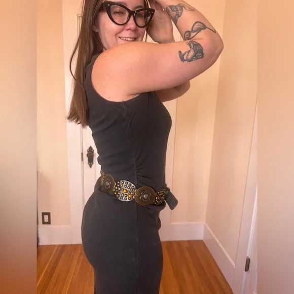 Y2K Studded Leather Western Concho Belt Amber Rhinestones Croc Embossed - Picture 2 of 9